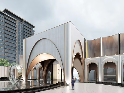 Modern Building Exterior With Curved Arches Water Feature Sculpture In Open Plaza High Rise Background 3d model