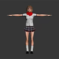 Schoolgirl In Uniform With Red Scarf Standing Arms Outstretched On Gray Background