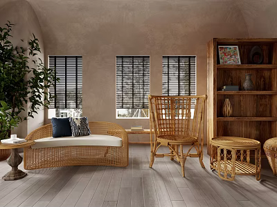 Natural Wicker Sofa And Coffee Table Set With Cozy Chair Wooden Bookshelf And Large Plant 3d model