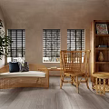 Natural Wicker Sofa And Coffee Table Set With Cozy Chair Wooden Bookshelf And Large Plant