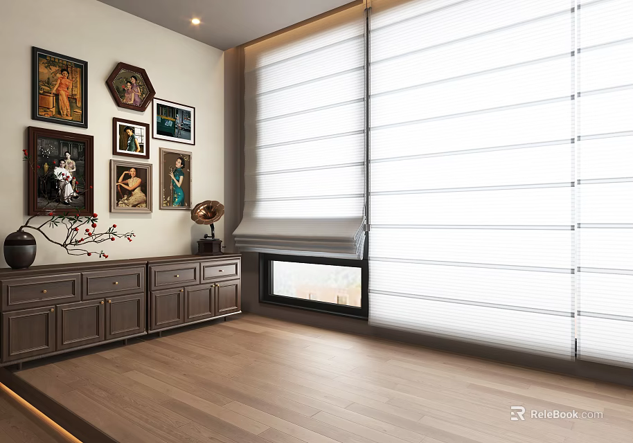 White Window Blinds In Modern Living Room With Wooden Floor And Wall Art 3d model 
