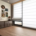 White Window Blinds In Modern Living Room With Wooden Floor And Wall Art