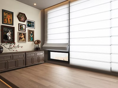 White Window Blinds In Modern Living Room With Wooden Floor And Wall Art 3d model
