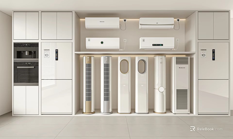 Modern Showroom Design With Various Air Conditioners And Fans And White Cabinetry 3d model 