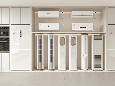 Modern Showroom Design With Various Air Conditioners And Fans And White Cabinetry 3d model