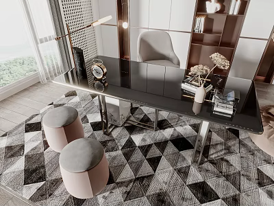 Modern Office Desk With Black Tabletop Metal Frame Gray Chair And Geometric Rug 3d model