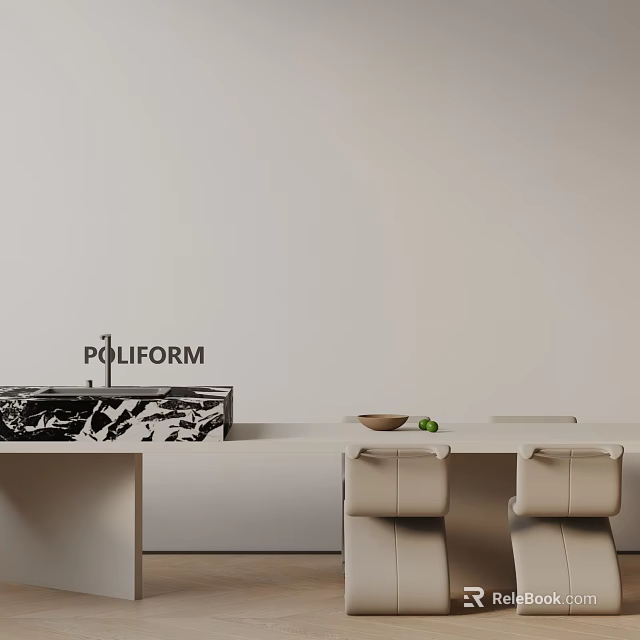 Elegant Poliform Dining Table Set With Marble Counter And Light Beige Chairs 3d model 