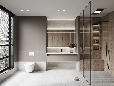 Modern Bathroom Design With Gray Walls Glass Shower Wooden Elements White Toilet Vanity And Window 3d model