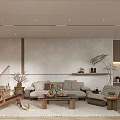 Modern Living Room Interior With Linen Sofa Wooden Coffee Table And Potted Plant