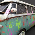 Two Vintage Volkswagen Vans With Turquoise Pink Graffiti And Retro Design