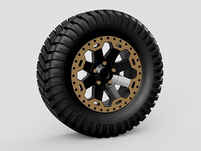 Off Road Tire With Deep Tread Black Rubber And Gold Alloy Hollow Rim Design 3d model