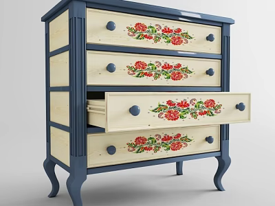 Floral Patterned Chest of Drawers with Red Flower Designs and Dark Blue Legs 3d model