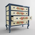 Floral Patterned Chest of Drawers with Red Flower Designs and Dark Blue Legs