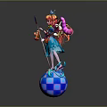 Colorful Haired Character In Blue Dress With Purple Pink Creature On Checkered Ball