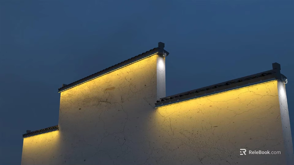 Warm Yellow Decorative Lights Illuminating Traditional Building Walls With Black Tiled Roof At Night 3d model 