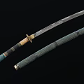 Traditional Japanese Katana with Silver Sharp Blade and Green Textured Sheath and Golden Decorative Fittings