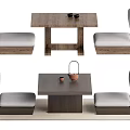 Minimalist Wooden Tea Table And Chairs With Gray Cushions And Tea Pot On Top