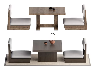 Minimalist Wooden Tea Table And Chairs With Gray Cushions And Tea Pot On Top 3d model
