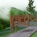 Outdoor Wooden Garden Deck With Decorative Railings Stone Path And Green Surroundings