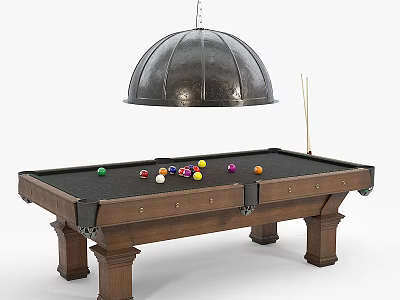 Classic Wooden Billiard Table With Colorful Balls Cue Stick And Hanging Pendant Light 3d model