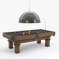 Classic Wooden Billiard Table With Colorful Balls Cue Stick And Hanging Pendant Light