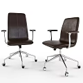 Brown Leather Office Chair With Metal Frame And Armrests On Wheels