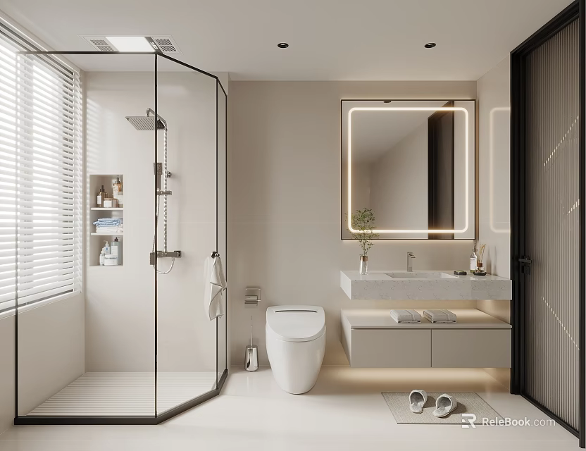Modern Bathroom Interior Design With Glass Shower Enclosure White Toilet And Backlit Mirror Vanity 3d model 