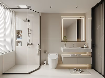 Modern Bathroom Interior Design With Glass Shower Enclosure White Toilet And Backlit Mirror Vanity 3d model