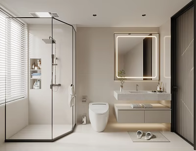 Modern Bathroom Interior Design With Glass Shower Enclosure White Toilet And Backlit Mirror Vanity 3d model