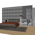 Gray Textured Wall Bedroom with Double Bed Baby Crib Floor Lamp Curtains and Wooden Floor