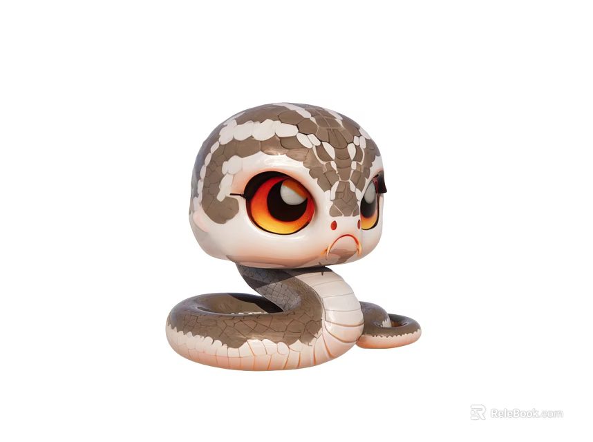 Cute Cartoon Snake Toy With Big Orange Eyes And Brown White Pattern 3d model 