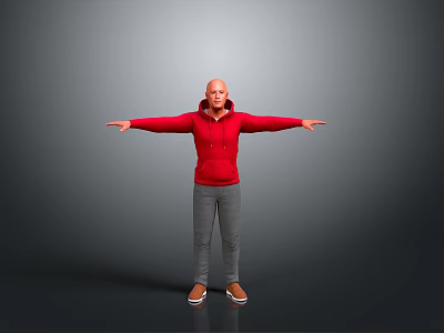Bald Man Wearing Red Hoodie Gray Pants Brown Shoes With Arms Outstretched Against Gray Background 3d model