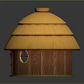 Traditional Wooden Hut With Yellow Multi Layered Straw Roof And Round Windows