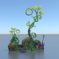 Green Curly Vine With Fresh Leaves Surrounded By Rocks Purple Flowers And Moss