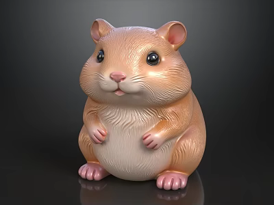 Cute 3D Brown And White Hamster Model Sitting On Black Glossy Surface 3d model