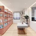 Modern Specialty Store Interior Featuring Pink Shelves Various Products Wooden Walls Large Windows and Plants
