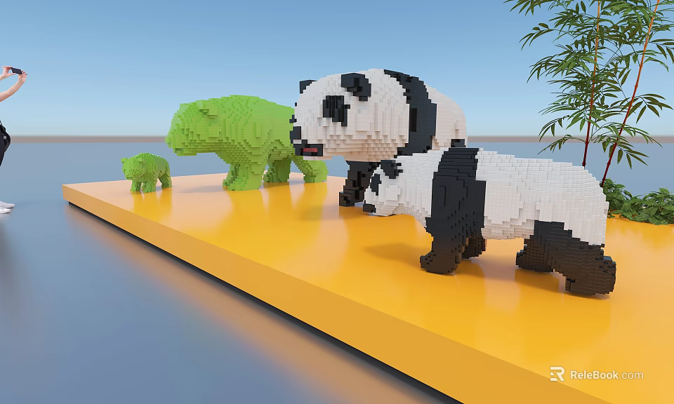 Art Installation Panda And Bear Sculptures Using Building Blocks On Yellow Platform Bamboo Water Sky 3d model 