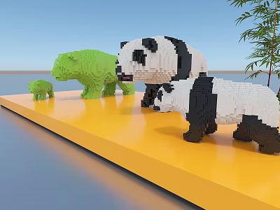 Art Installation Panda And Bear Sculptures Using Building Blocks On Yellow Platform Bamboo Water Sky 3d model