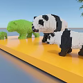 Art Installation Panda And Bear Sculptures Using Building Blocks On Yellow Platform Bamboo Water Sky