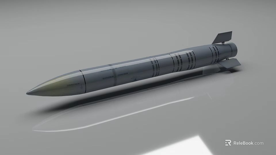 Gray Military Missile 3D Model With Pointed Warhead Cylindrical Body And Tail Fins 3d model 