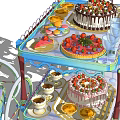 Assorted Cakes Fresh Fruits And Drinks On Decorative Dessert Carts
