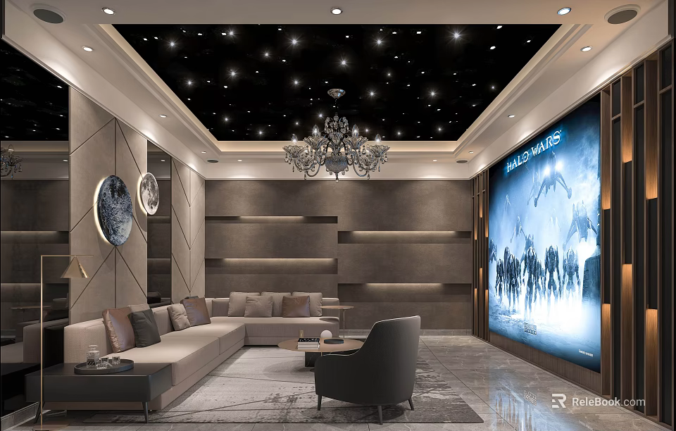 Luxurious Modern Home Theater Interior Design With Starry Ceiling Chandelier Large Screen And Sofa 3d model 