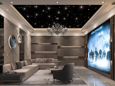 Luxurious Modern Home Theater Interior Design With Starry Ceiling Chandelier Large Screen And Sofa 3d model