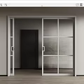 White Sliding Doors With Glass And Vertical Lines In Light Wall Wooden Floor Room