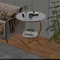 Round Accent Table With White Marble Top Golden Frame Lower Shelf By Beige Sofa