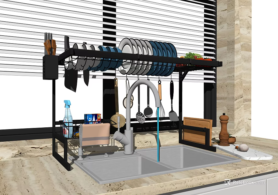 Kitchen Sink Area With Hanging Dish Rack Plates Bowls And Utensils On Countertop 3d model 