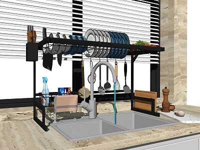 Kitchen Sink Area With Hanging Dish Rack Plates Bowls And Utensils On Countertop 3d model