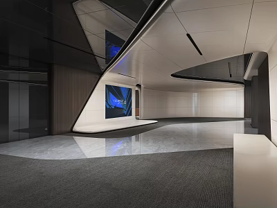 Modern Exhibition Hall with Spacious Interior Geometric Ceiling Blue Decor Wooden White Walls Sleek Flooring 3d model