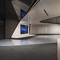 Modern Exhibition Hall with Spacious Interior Geometric Ceiling Blue Decor Wooden White Walls Sleek Flooring
