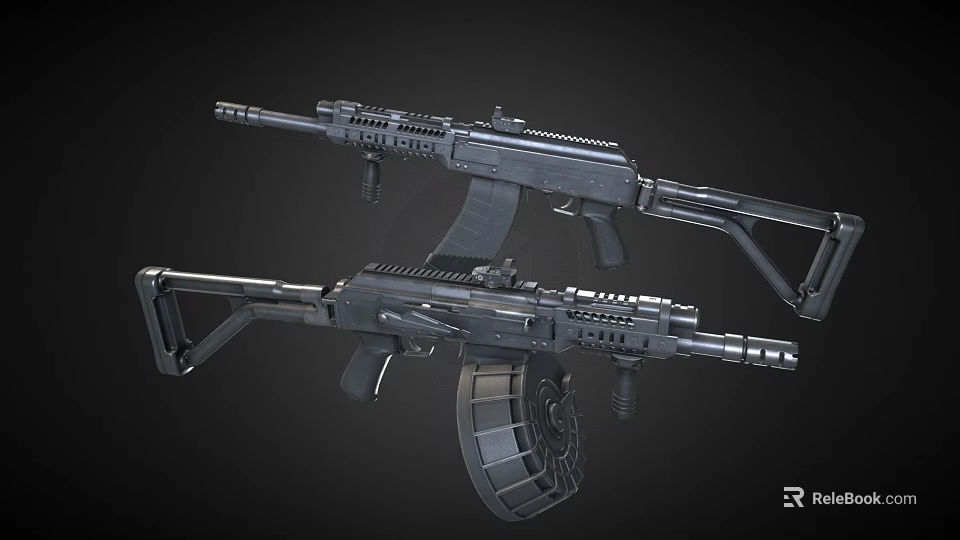 Modern Tactical Rifles With Black Design Drum Magazine And Tactical Accessories 3d model 
